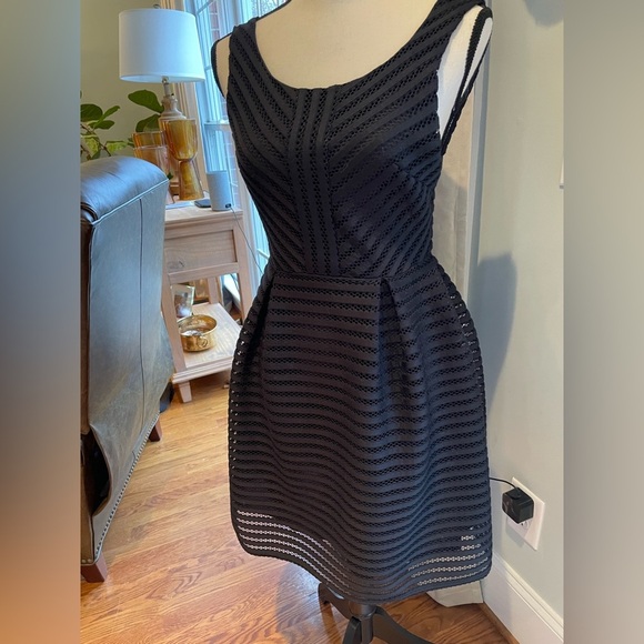 Everly Black Dress with Lace Pattern and Gold Zipper in Back Lined Size Small - Picture 3 of 16